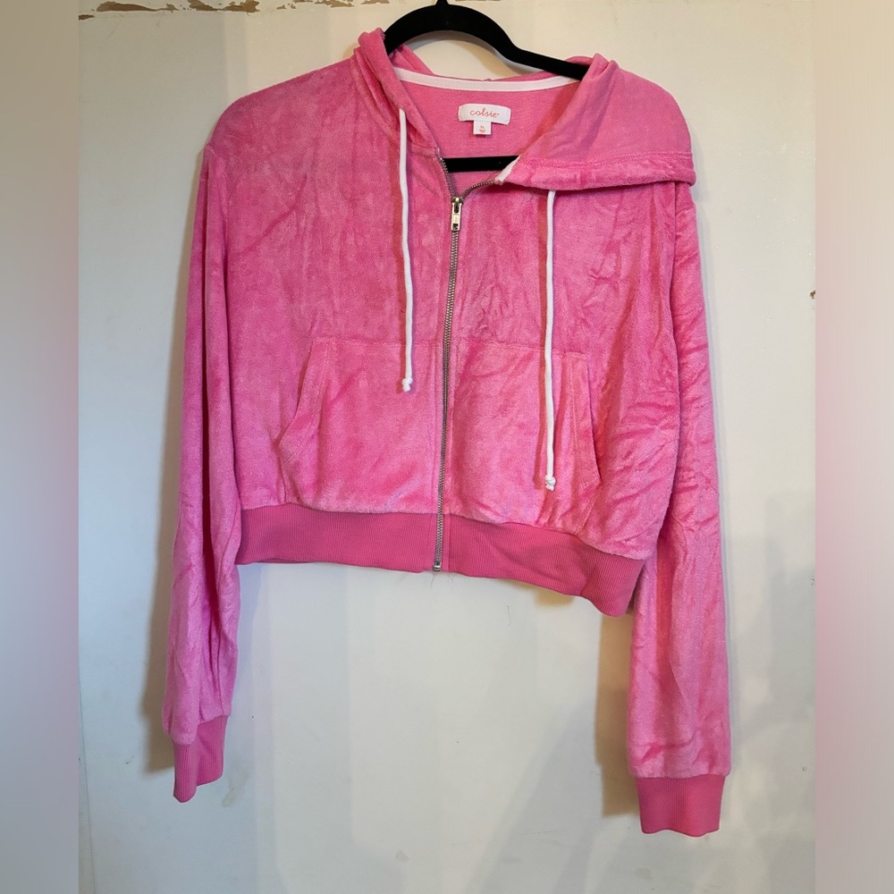 Pink Velour Cropped Hoodie Jacket